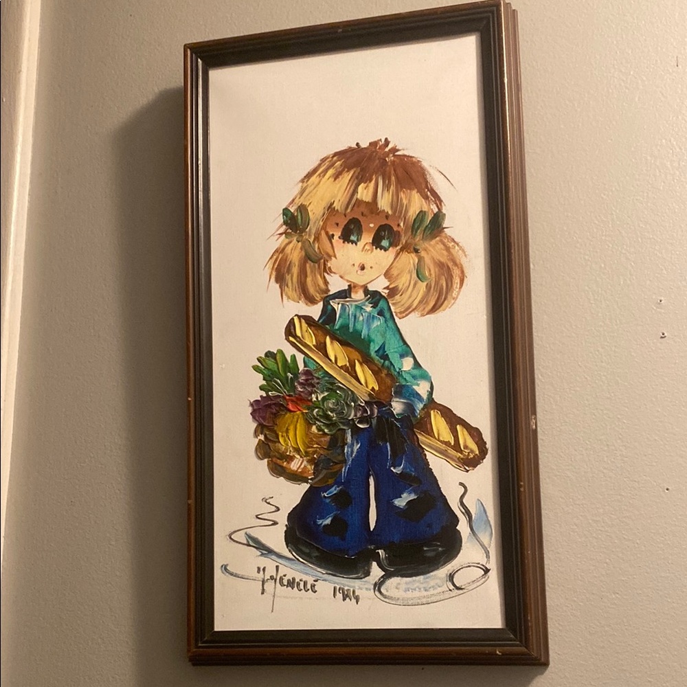 Original Vintage "Big Eyed Girl" Oil Painting On Canvas - signed by M. Yenele